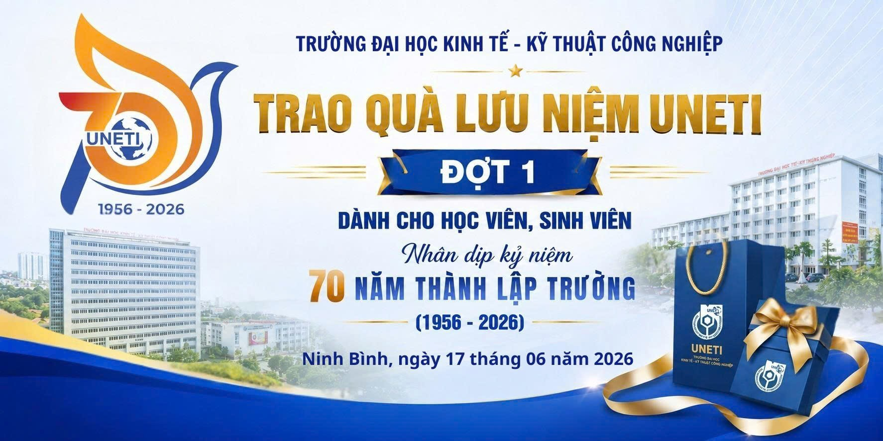 A blue and white card with gold text Description automatically generated